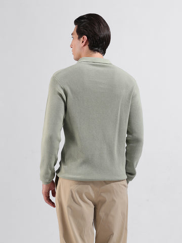 Men's Green Slim Fit Textured Flat Knit Polo Neck T-Shirt