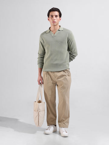 Men's Green Slim Fit Textured Flat Knit Polo Neck T-Shirt