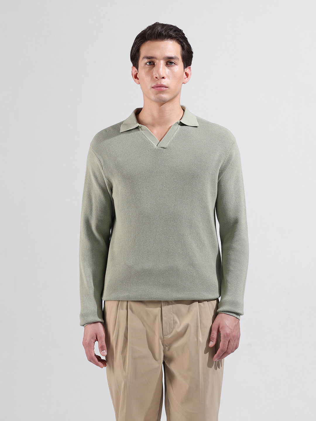 Men's Green Slim Fit Textured Flat Knit Polo Neck T-Shirt