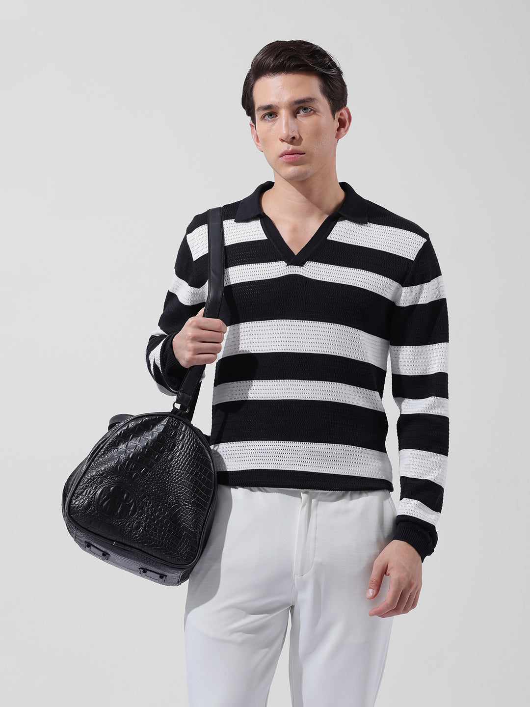 Men's Black Slim Fit Striped Flat Knit Polo Neck T-Shirt