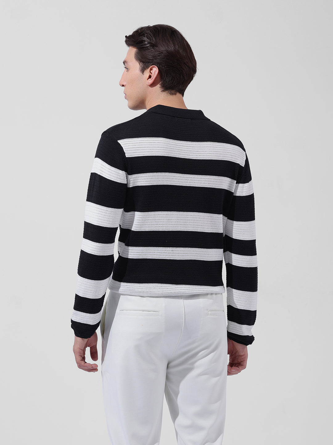 Men's Black Slim Fit Striped Flat Knit Polo Neck T-Shirt