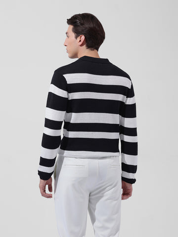 Men's Black Slim Fit Striped Flat Knit Polo Neck T-Shirt