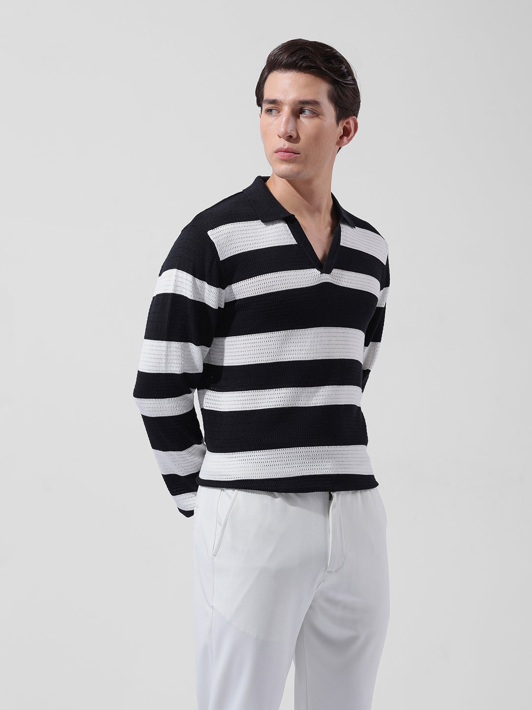 Men's Black Slim Fit Striped Flat Knit Polo Neck T-Shirt