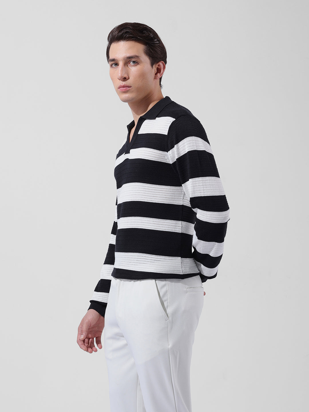Men's Black Slim Fit Striped Flat Knit Polo Neck T-Shirt