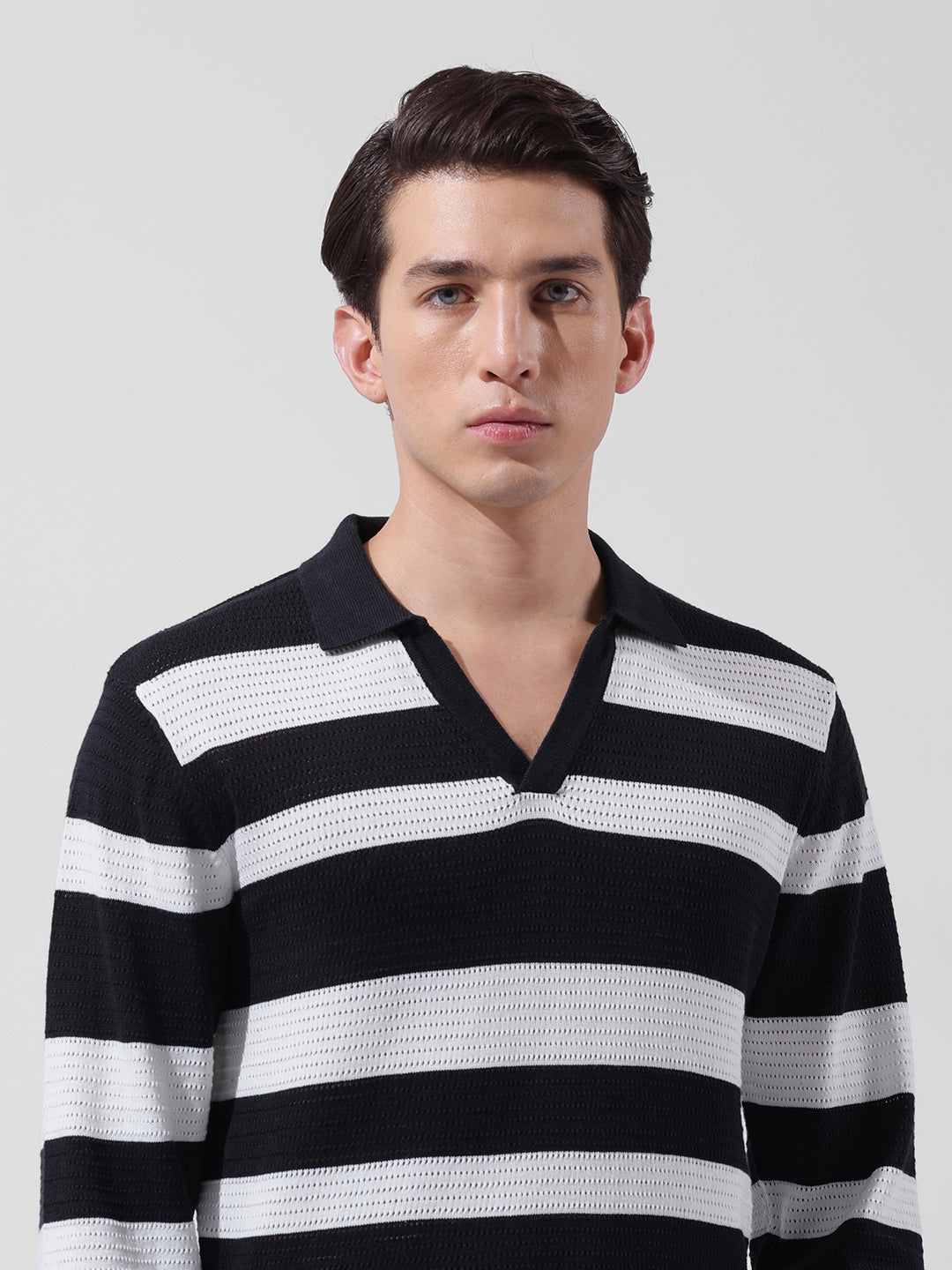 Men's Black Slim Fit Striped Flat Knit Polo Neck T-Shirt