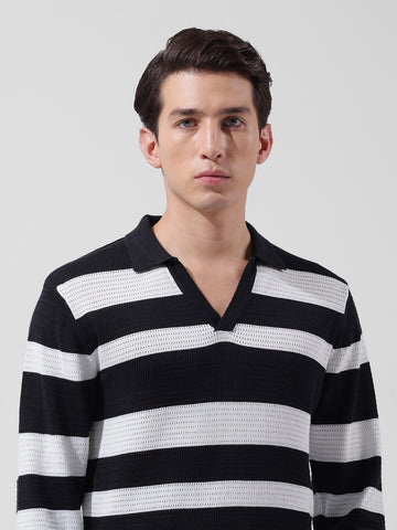 Men's Black Slim Fit Striped Flat Knit Polo Neck T-Shirt