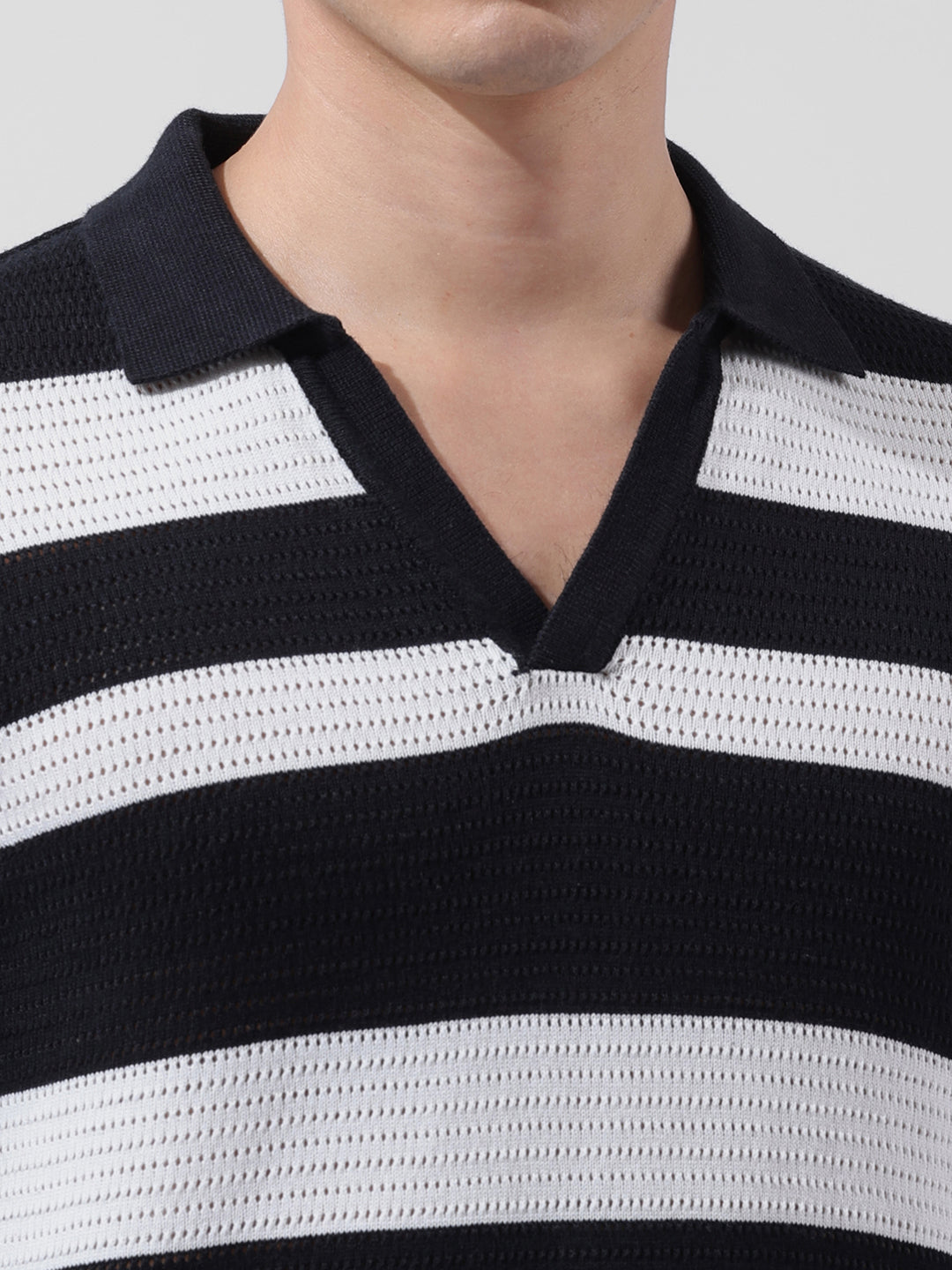 Men's Black Slim Fit Striped Flat Knit Polo Neck T-Shirt