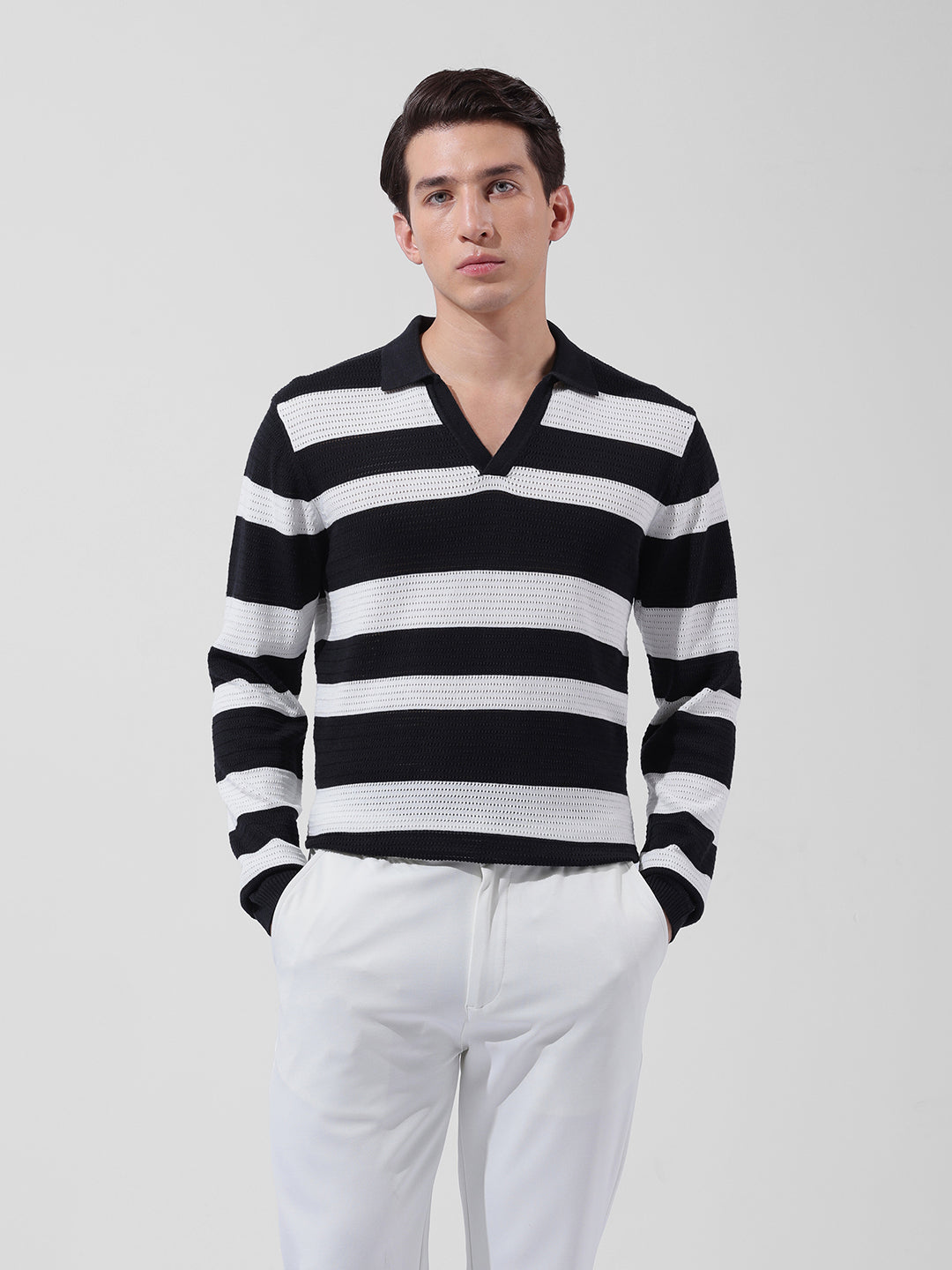 Men's Black Slim Fit Striped Flat Knit Polo Neck T-Shirt