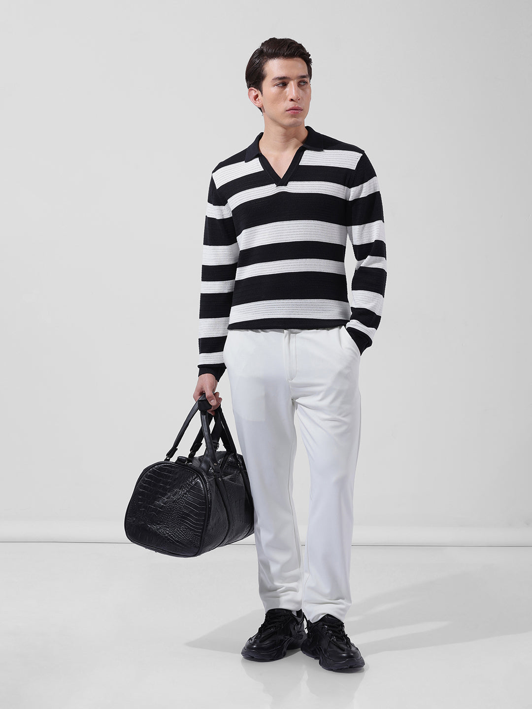 Men's Black Slim Fit Striped Flat Knit Polo Neck T-Shirt