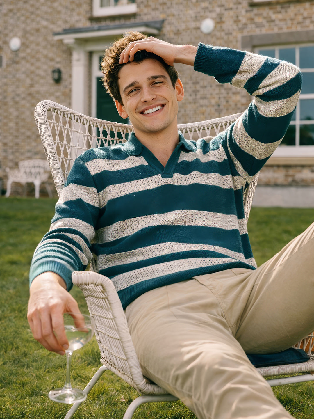 Men's Green Slim Fit Striped Flat Knit Polo Neck T-Shirt