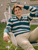 Men's Green Slim Fit Striped Flat Knit Polo Neck T-Shirt