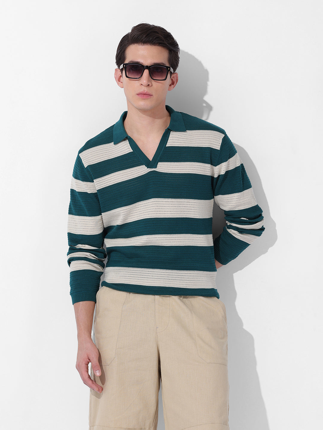 Men's Green Slim Fit Striped Flat Knit Polo Neck T-Shirt