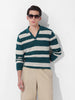 Men's Green Slim Fit Striped Flat Knit Polo Neck T-Shirt