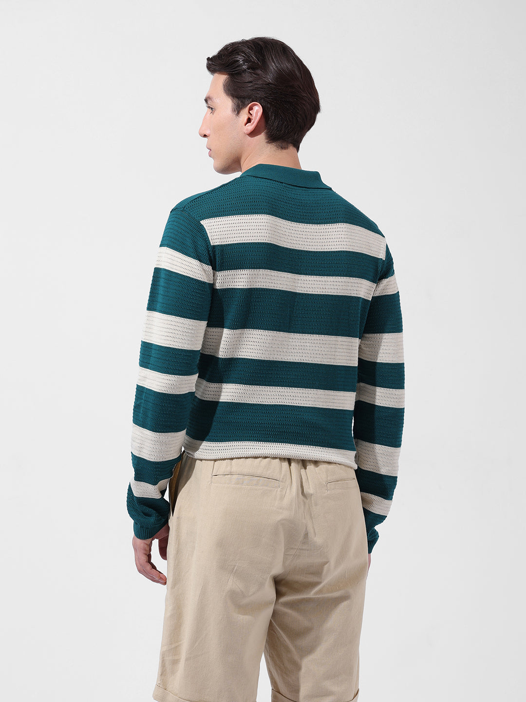 Men's Green Slim Fit Striped Flat Knit Polo Neck T-Shirt