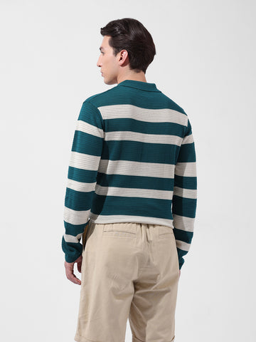 Men's Green Slim Fit Striped Flat Knit Polo Neck T-Shirt