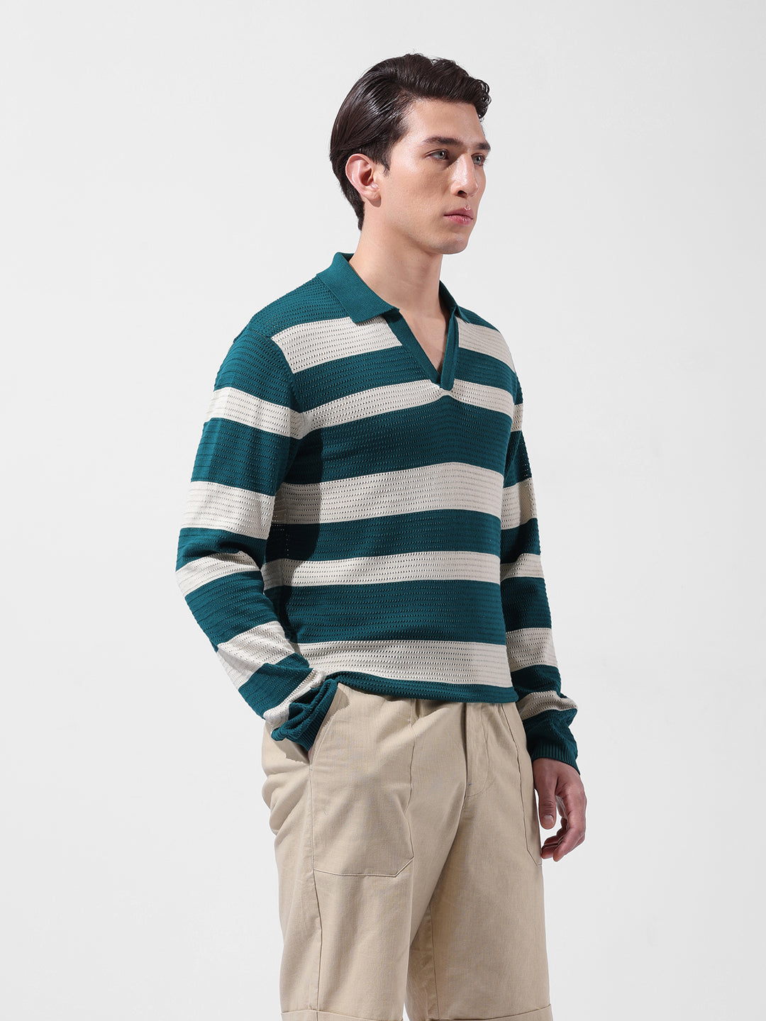Men's Green Slim Fit Striped Flat Knit Polo Neck T-Shirt