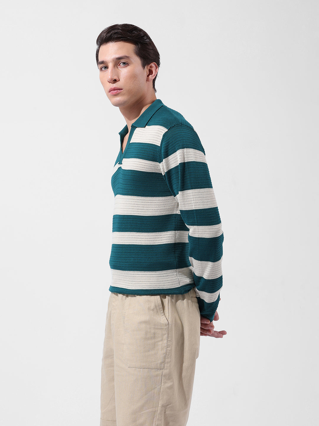 Men's Green Slim Fit Striped Flat Knit Polo Neck T-Shirt