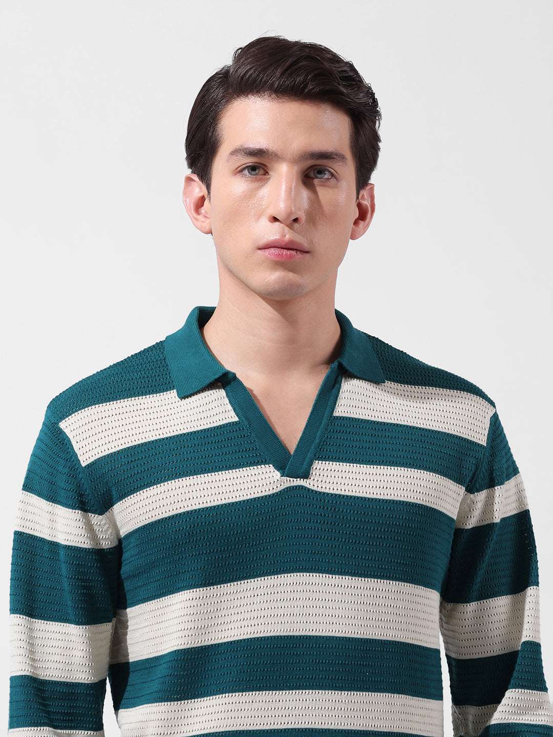 Men's Green Slim Fit Striped Flat Knit Polo Neck T-Shirt