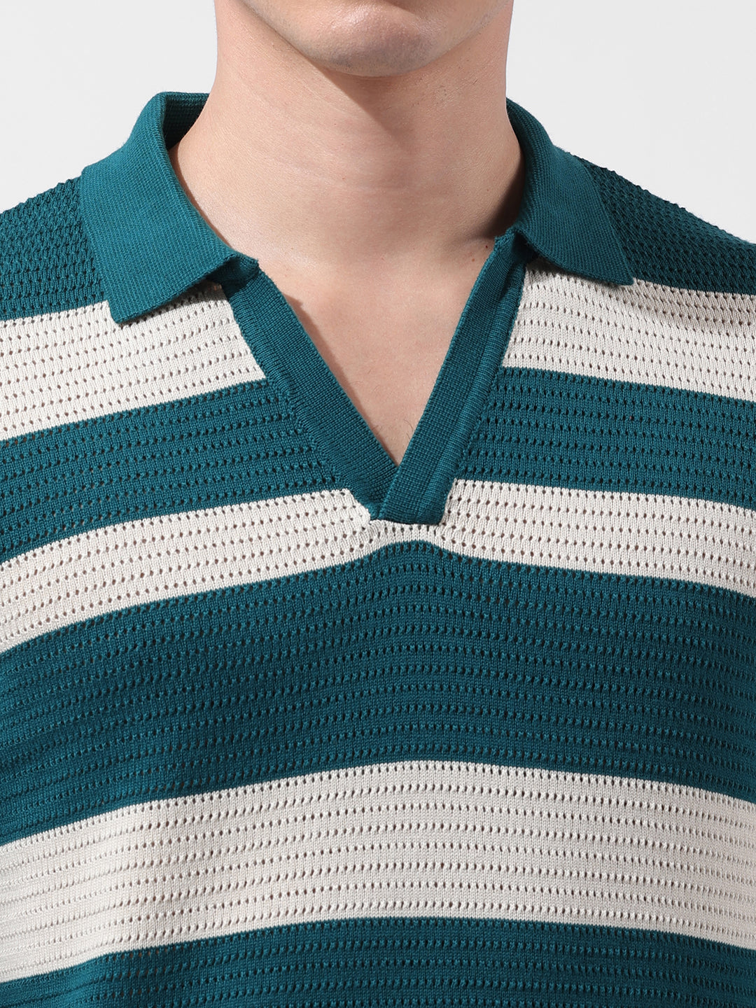 Men's Green Slim Fit Striped Flat Knit Polo Neck T-Shirt