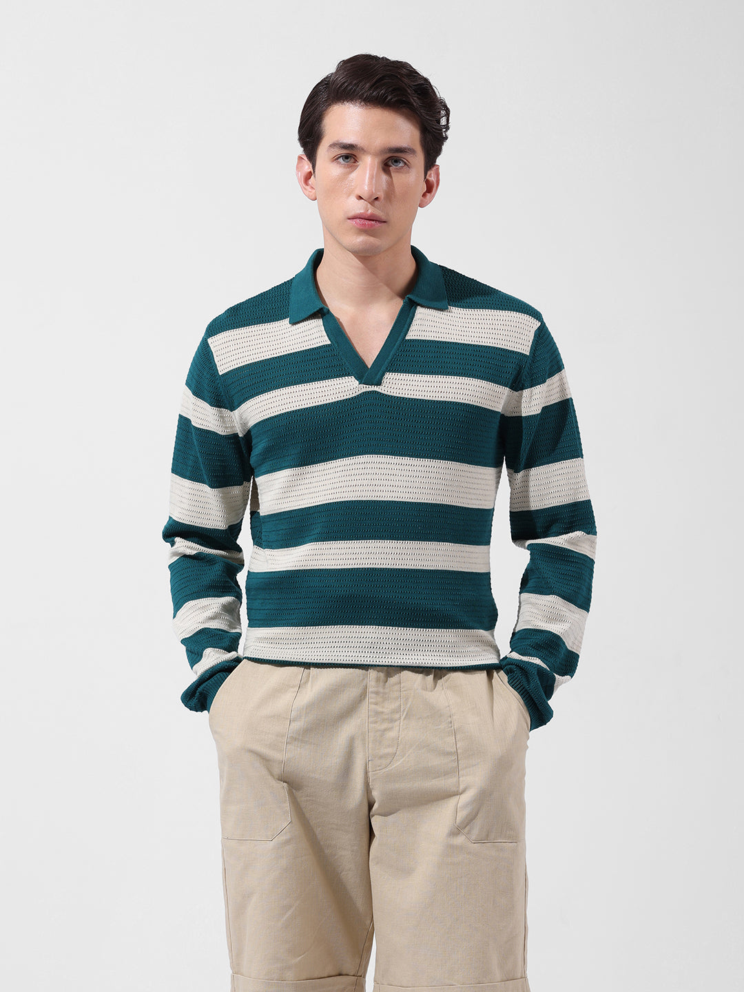 Men's Green Slim Fit Striped Flat Knit Polo Neck T-Shirt