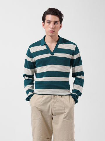 Men's Green Slim Fit Striped Flat Knit Polo Neck T-Shirt