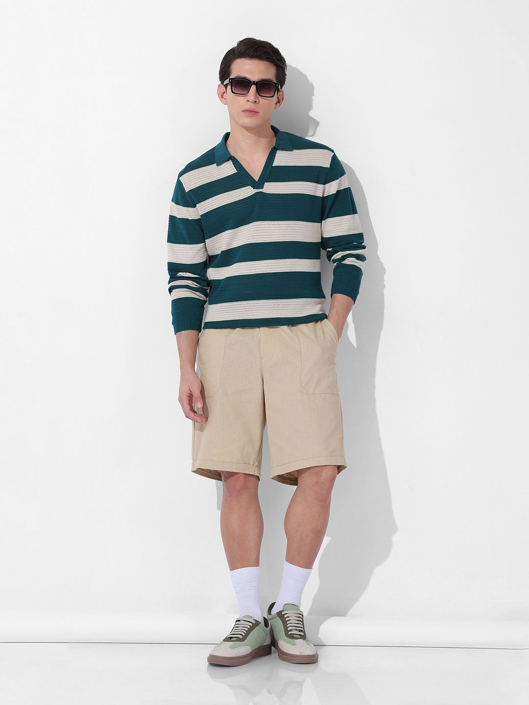 Men's Green Slim Fit Striped Flat Knit Polo Neck T-Shirt