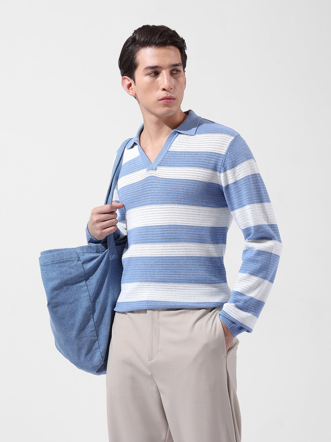 Men's Blue Slim Fit Striped Flat Knit Polo Neck T-Shirt