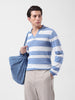Men's Blue Slim Fit Striped Flat Knit Polo Neck T-Shirt