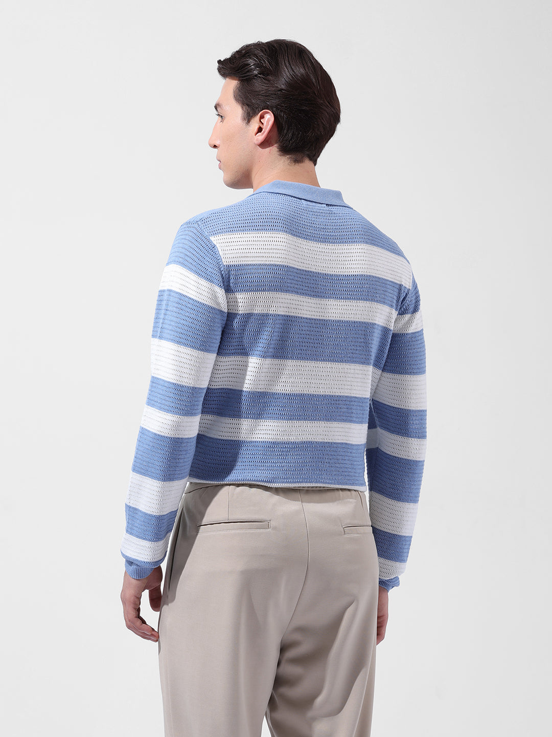 Men's Blue Slim Fit Striped Flat Knit Polo Neck T-Shirt