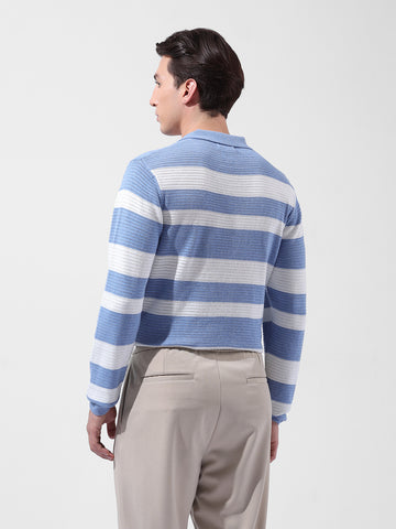 Men's Blue Slim Fit Striped Flat Knit Polo Neck T-Shirt