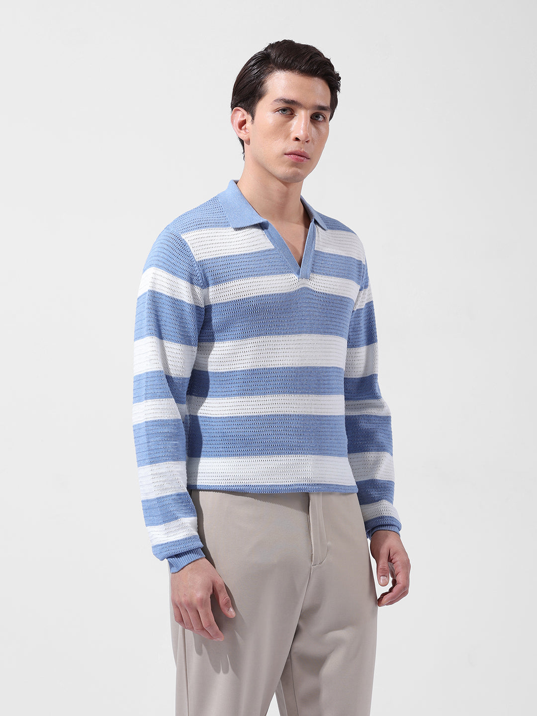Men's Blue Slim Fit Striped Flat Knit Polo Neck T-Shirt