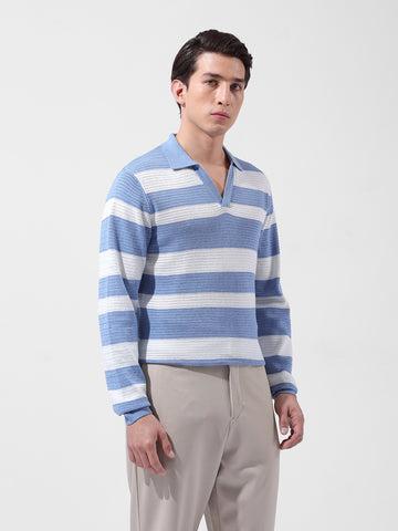 Men's Blue Slim Fit Striped Flat Knit Polo Neck T-Shirt