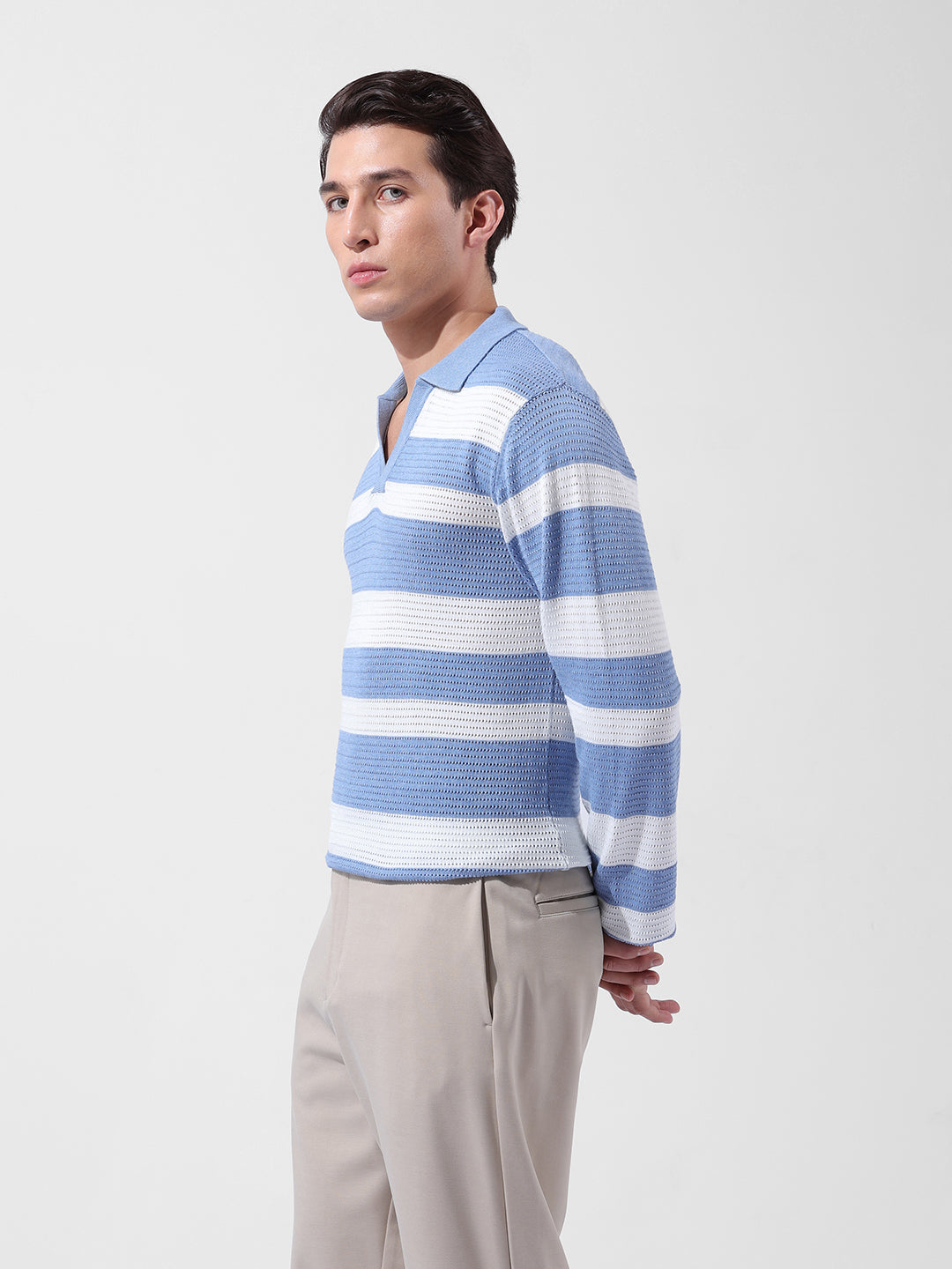 Men's Blue Slim Fit Striped Flat Knit Polo Neck T-Shirt