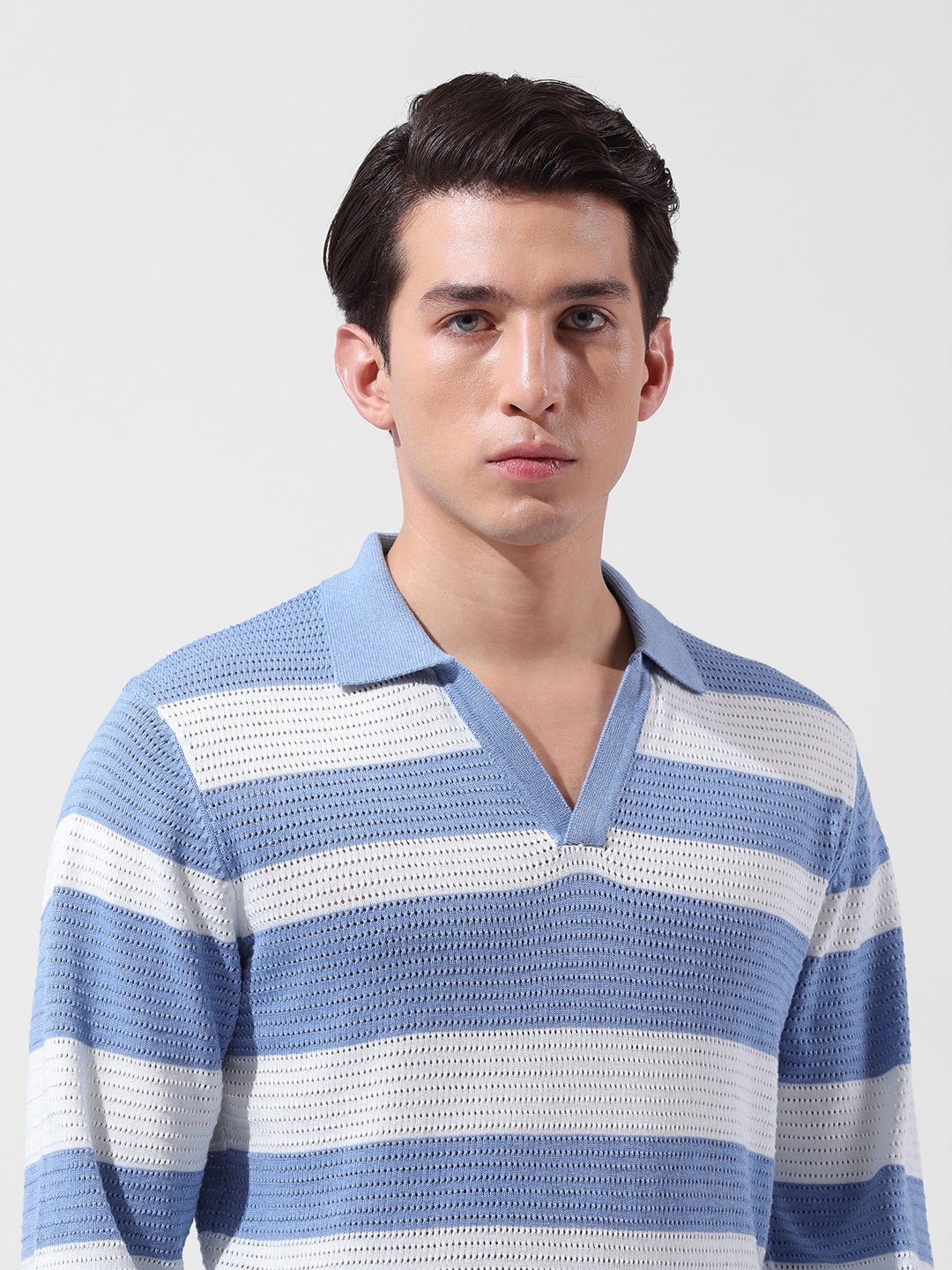 Men's Blue Slim Fit Striped Flat Knit Polo Neck T-Shirt