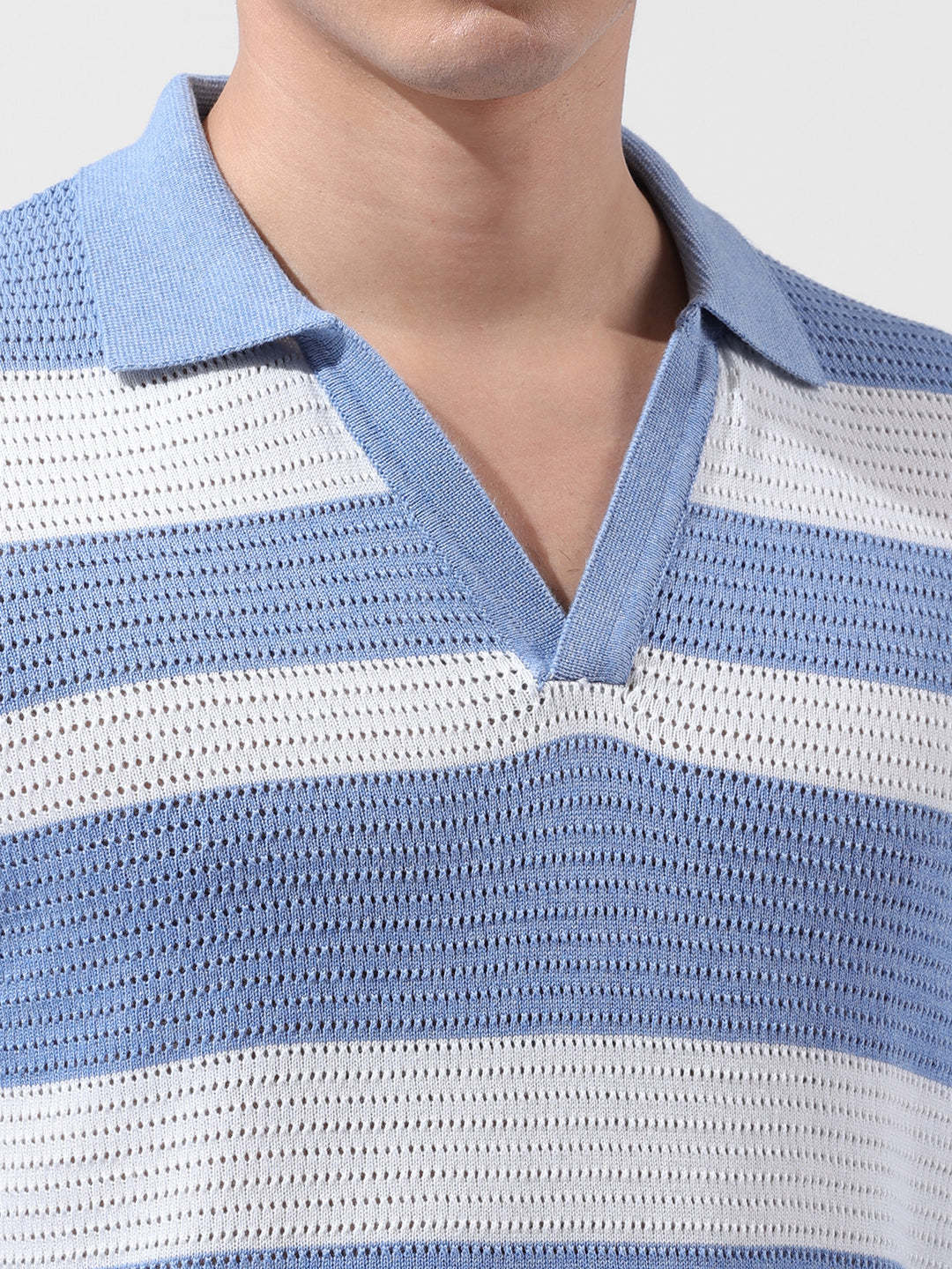 Men's Blue Slim Fit Striped Flat Knit Polo Neck T-Shirt