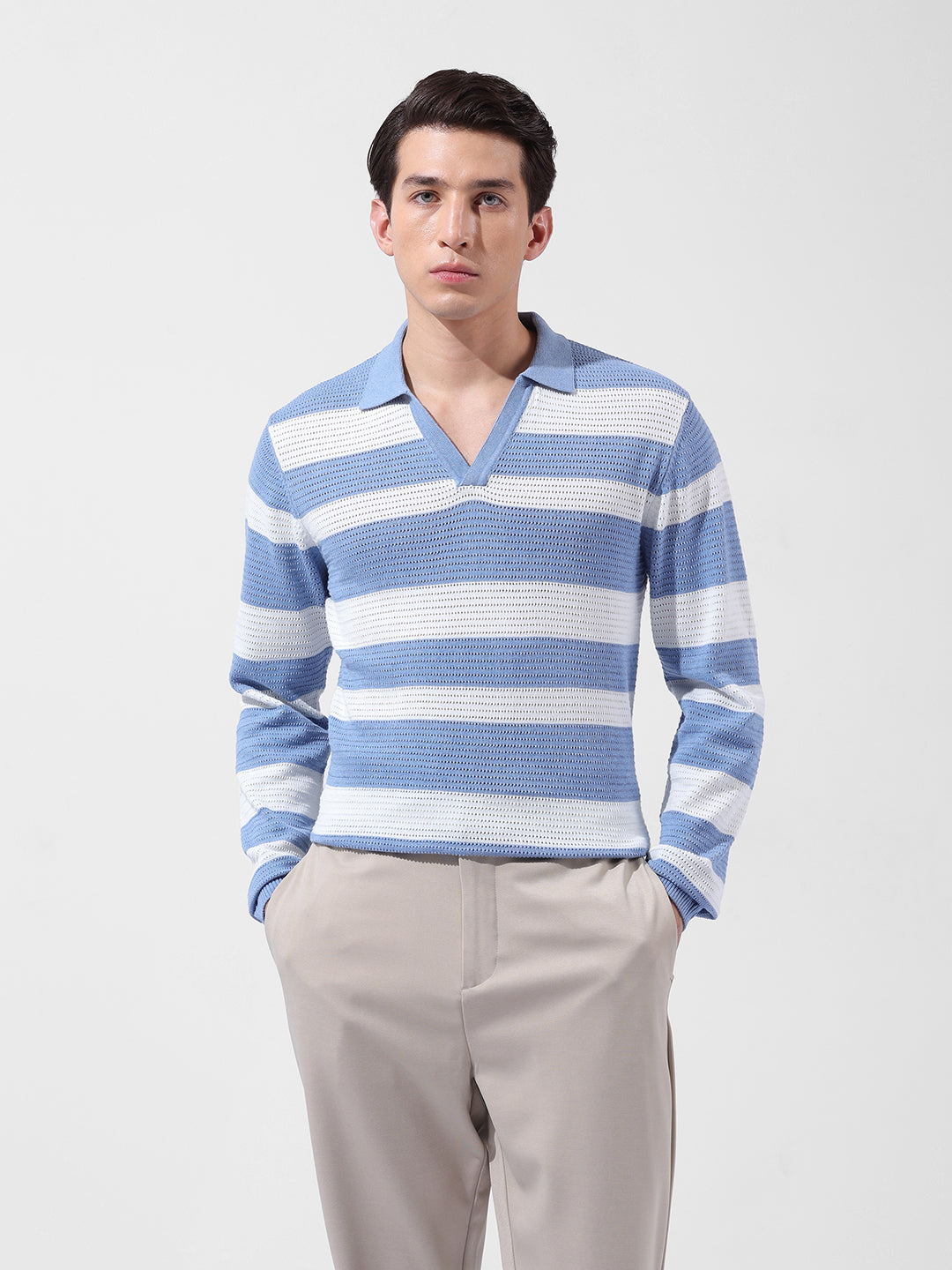 Men's Blue Slim Fit Striped Flat Knit Polo Neck T-Shirt