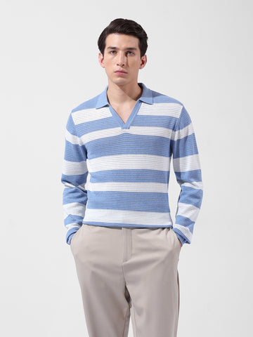 Men's Blue Slim Fit Striped Flat Knit Polo Neck T-Shirt