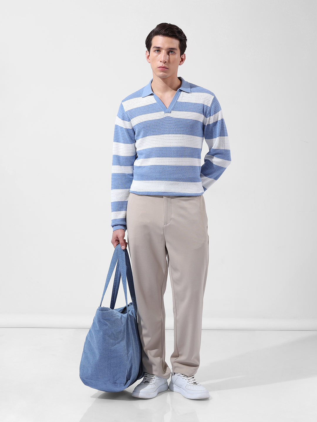 Men's Blue Slim Fit Striped Flat Knit Polo Neck T-Shirt