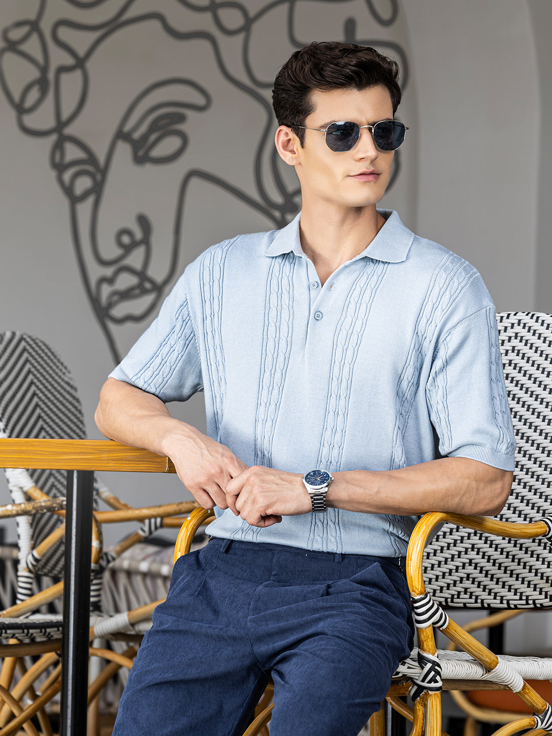 Men's Blue Oversized Fit Textured Flat Knit Polo Collar T-Shirt