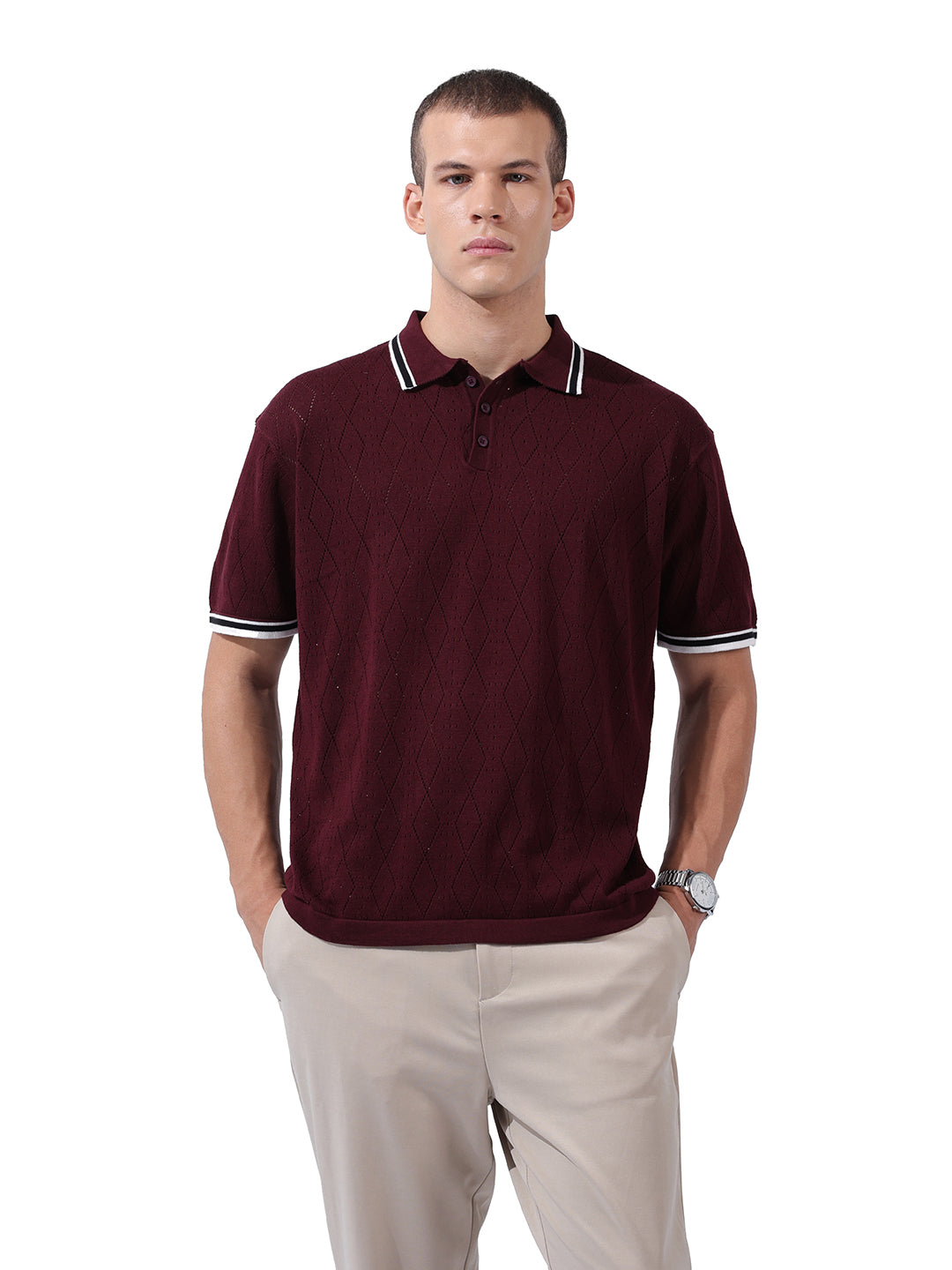 Men's Maroon Oversized Fit Textured Flat Knit Polo Collar T-Shirt