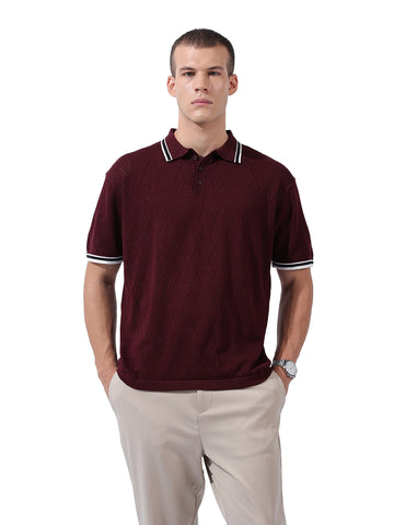 Men's Maroon Oversized Fit Textured Flat Knit Polo Collar T-Shirt