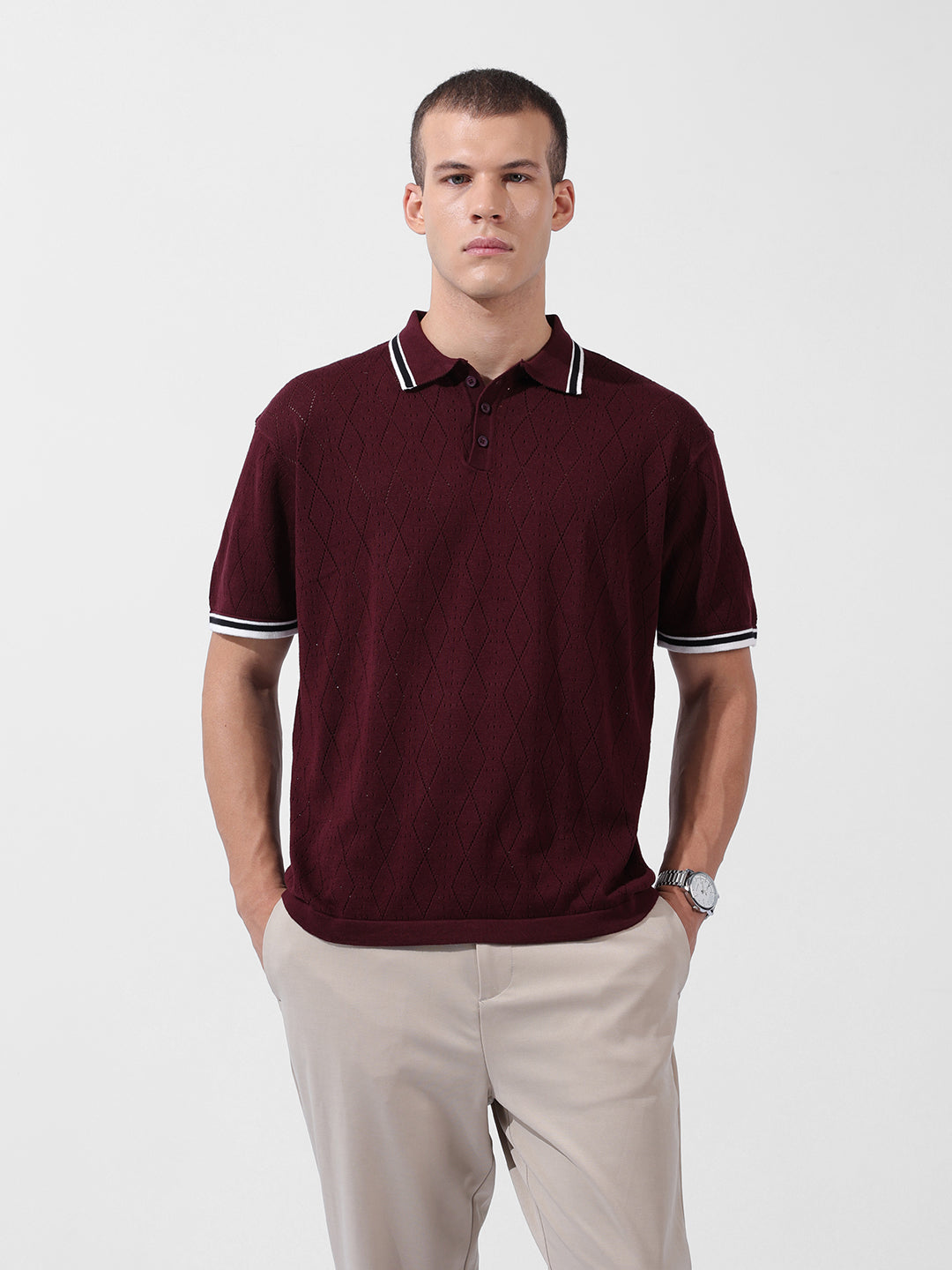 Men's Maroon Oversized Fit Textured Flat Knit Polo Collar T-Shirt