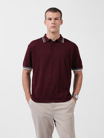 Men's Maroon Oversized Fit Textured Flat Knit Polo Collar T-Shirt