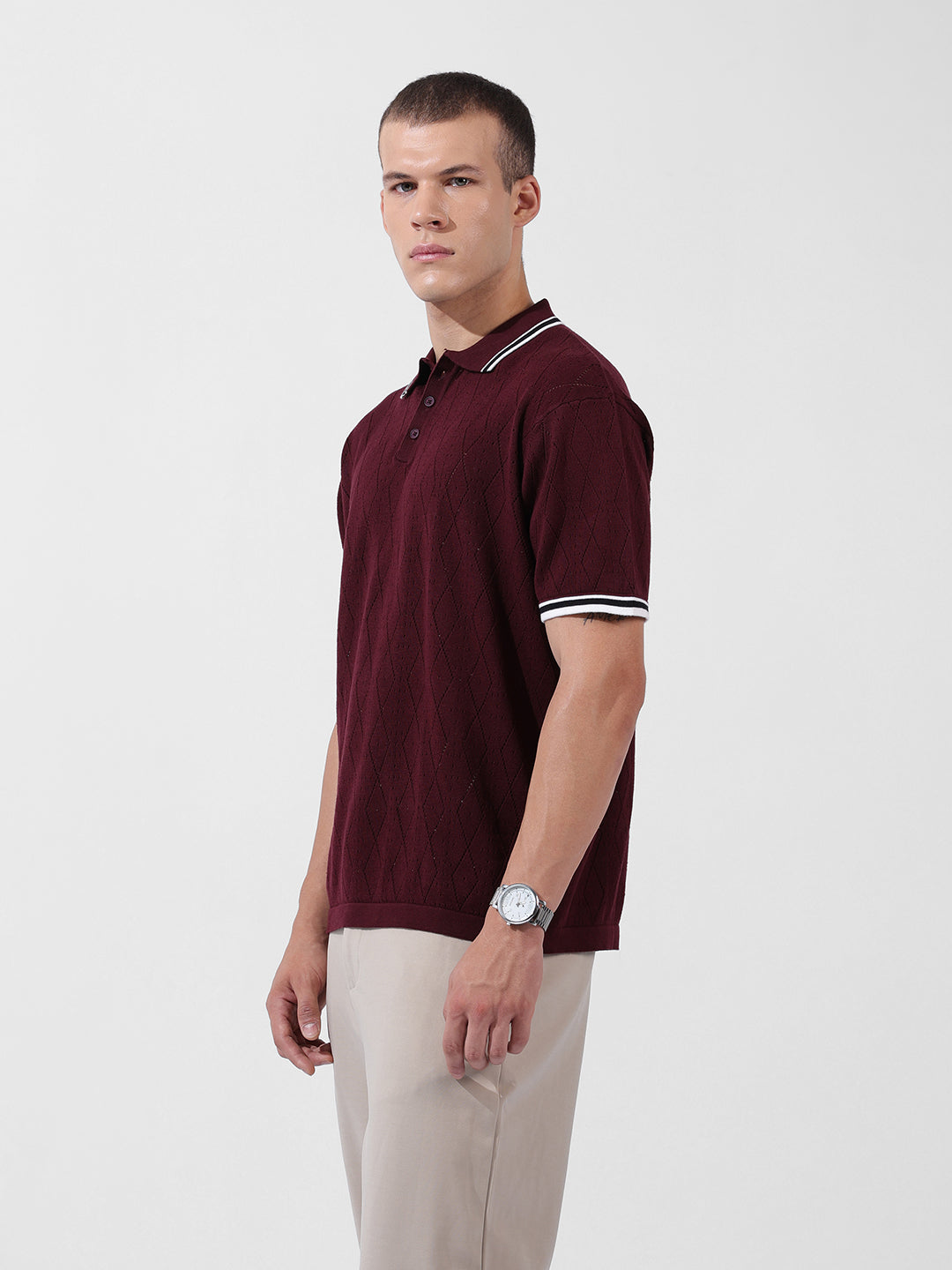Men's Maroon Oversized Fit Textured Flat Knit Polo Collar T-Shirt