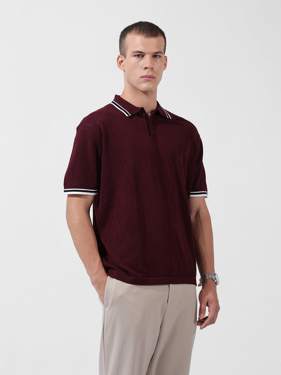 Men's Maroon Oversized Fit Textured Flat Knit Polo Collar T-Shirt