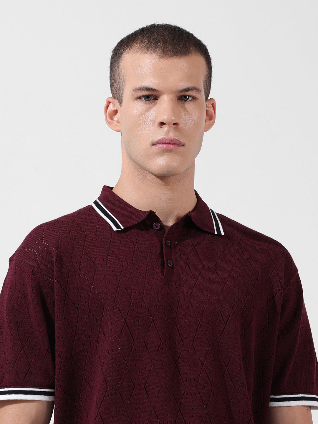 Men's Maroon Oversized Fit Textured Flat Knit Polo Collar T-Shirt