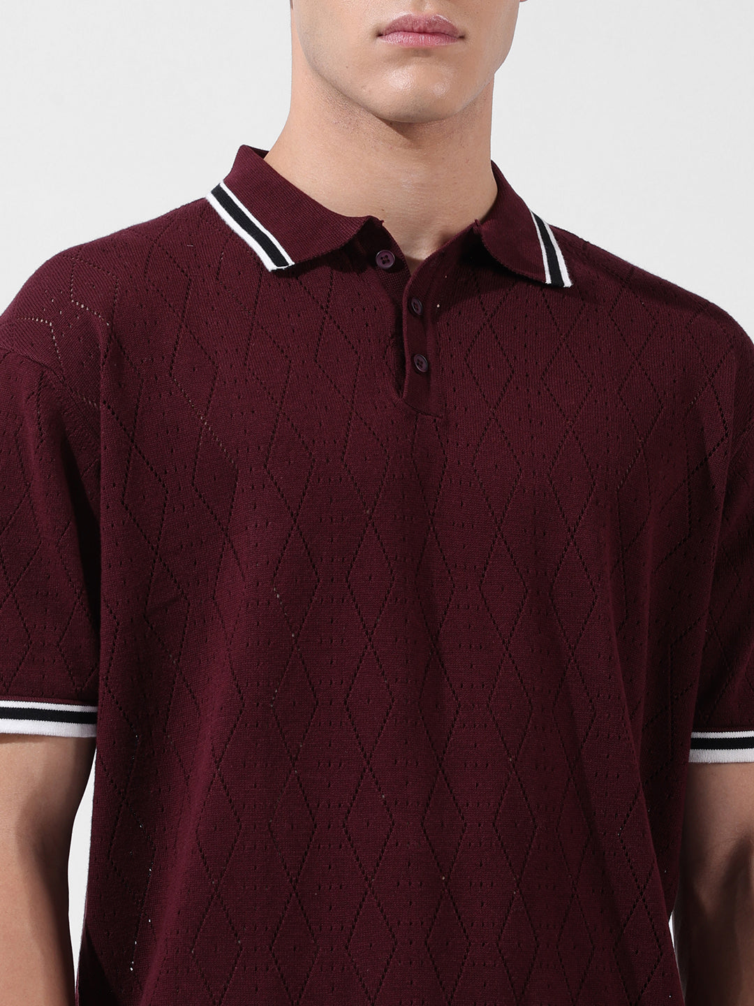 Men's Maroon Oversized Fit Textured Flat Knit Polo Collar T-Shirt