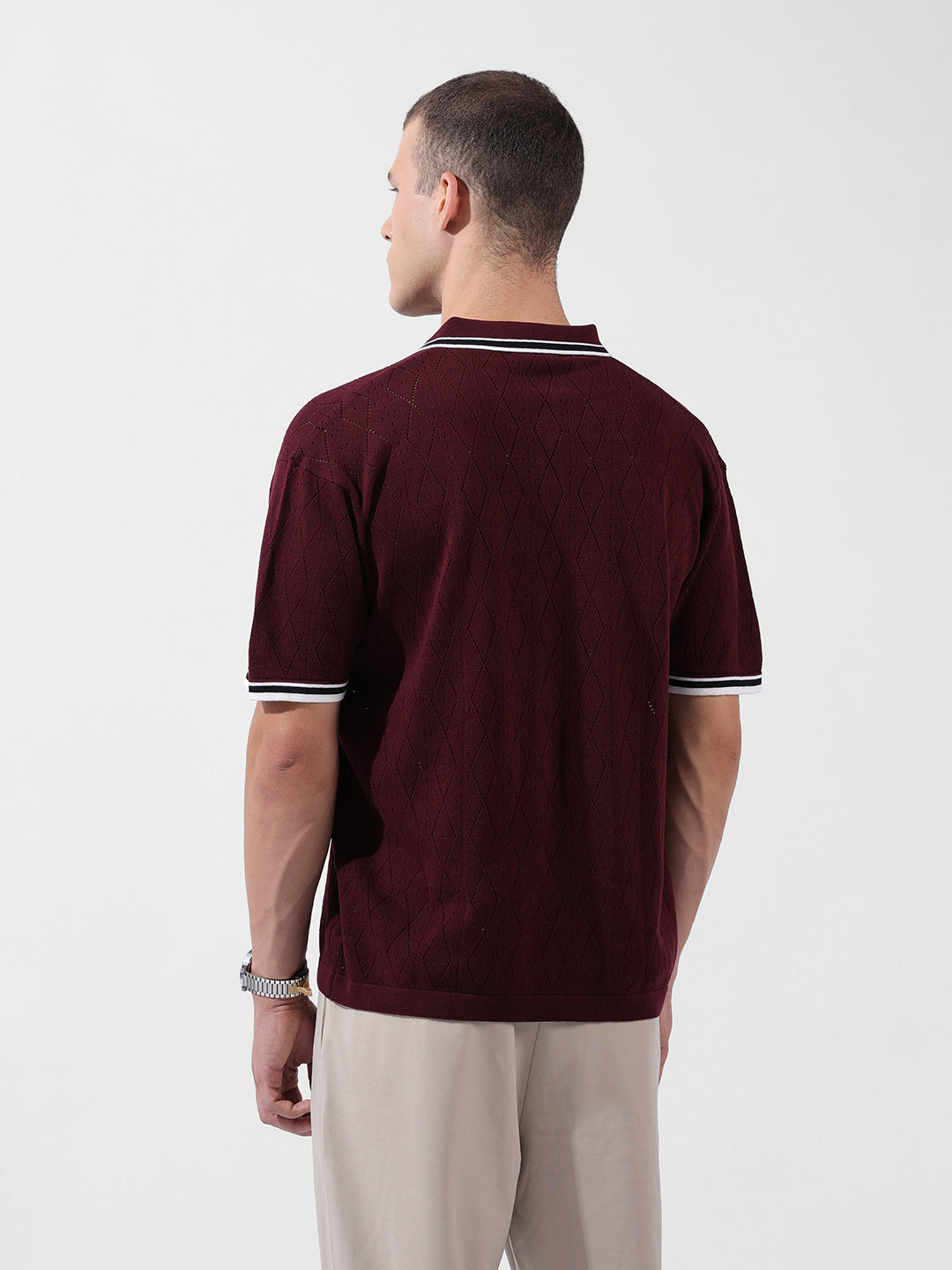 Men's Maroon Oversized Fit Textured Flat Knit Polo Collar T-Shirt