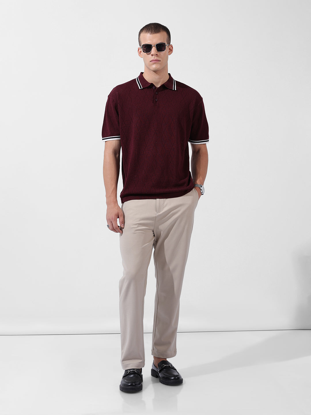 Men's Maroon Oversized Fit Textured Flat Knit Polo Collar T-Shirt