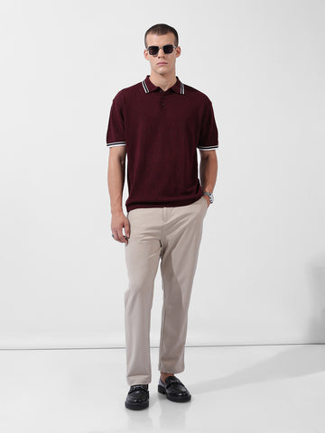 Men's Maroon Oversized Fit Textured Flat Knit Polo Collar T-Shirt